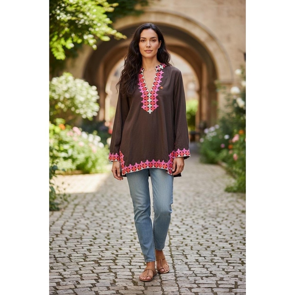 Vintage Y2kTory Burch medium Embroidered Tunic Brown Floral Long Sleeve Top - Picture 2 of 11